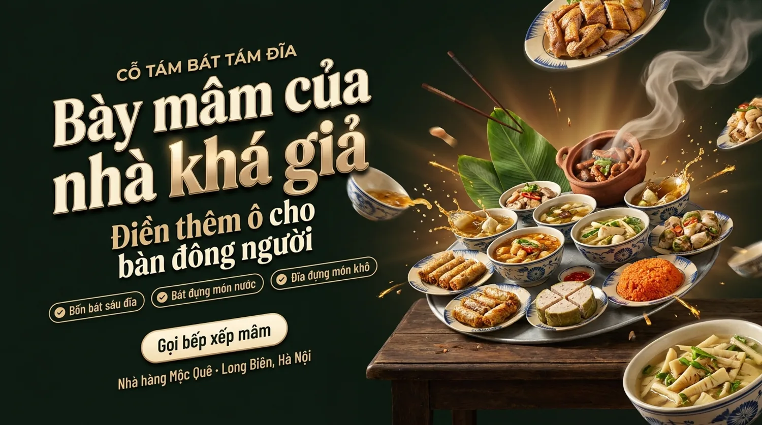 Mâm cỗ tám bát tám đĩa Nhà hàng Mộc Quê, bát đĩa bung ra khỏi khung — điền thêm ô cho bàn đông người